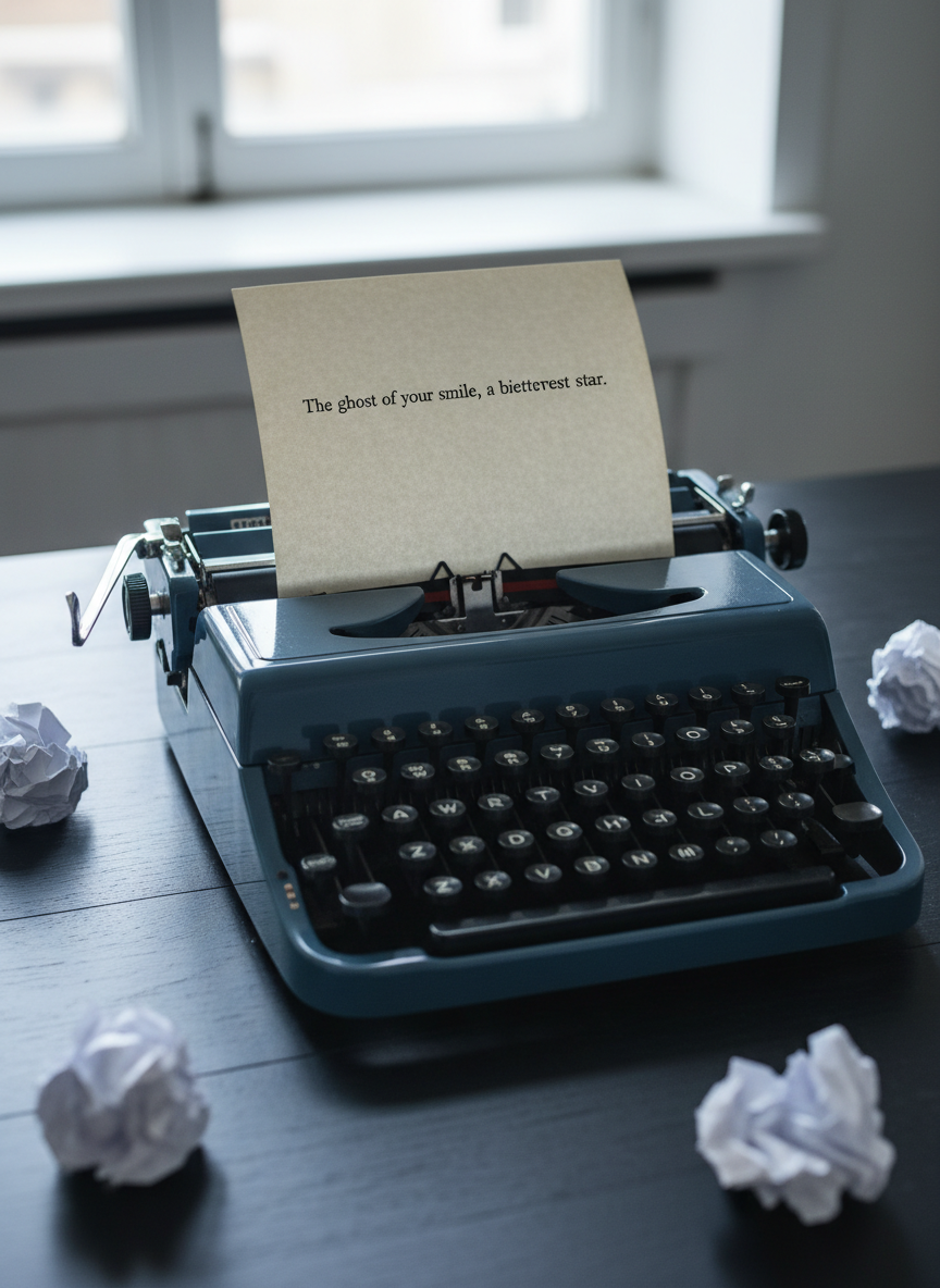 A single sheet of slightly curled ivory paper floats atop an old, midnight-blue typewriter on a matte black table, the first line of a poem neatly typed at the top. Stray, crumpled drafts rest near the edges of the frame, slightly out of focus. Cool, overcast window light from behind the camera creates gentle, even illumination, with soft shadows beneath the keys and paper edges. Shot from a slightly elevated angle in photographic realism, with the typed words in crisp focus and the background fading into subtle blur. The atmosphere feels thoughtful, disciplined, and quietly dramatic, suggesting the careful crafting of verses about love, loss, and wonder.