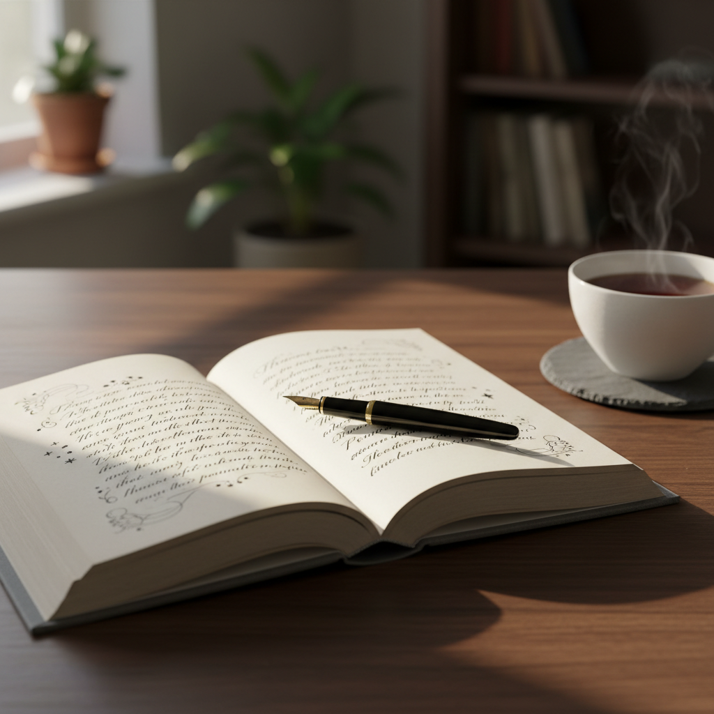 A finely textured, charcoal-gray hardcover poetry book lies open on a dark walnut desk, its creamy pages filled with elegant, handwritten verses and small ink flourishes. A slim obsidian fountain pen rests diagonally across the gutter. In the background, a porcelain cup of black tea sits on a slate coaster, softly blurred. Late-afternoon window light washes in from the left, casting long, contemplative shadows and a quiet sheen on the paper fibers. Photographic realism with a sophisticated, minimalist aesthetic, captured at eye level with a shallow depth of field. The mood is introspective and refined, evoking a private moment of reading and writing in a poet’s quiet study.